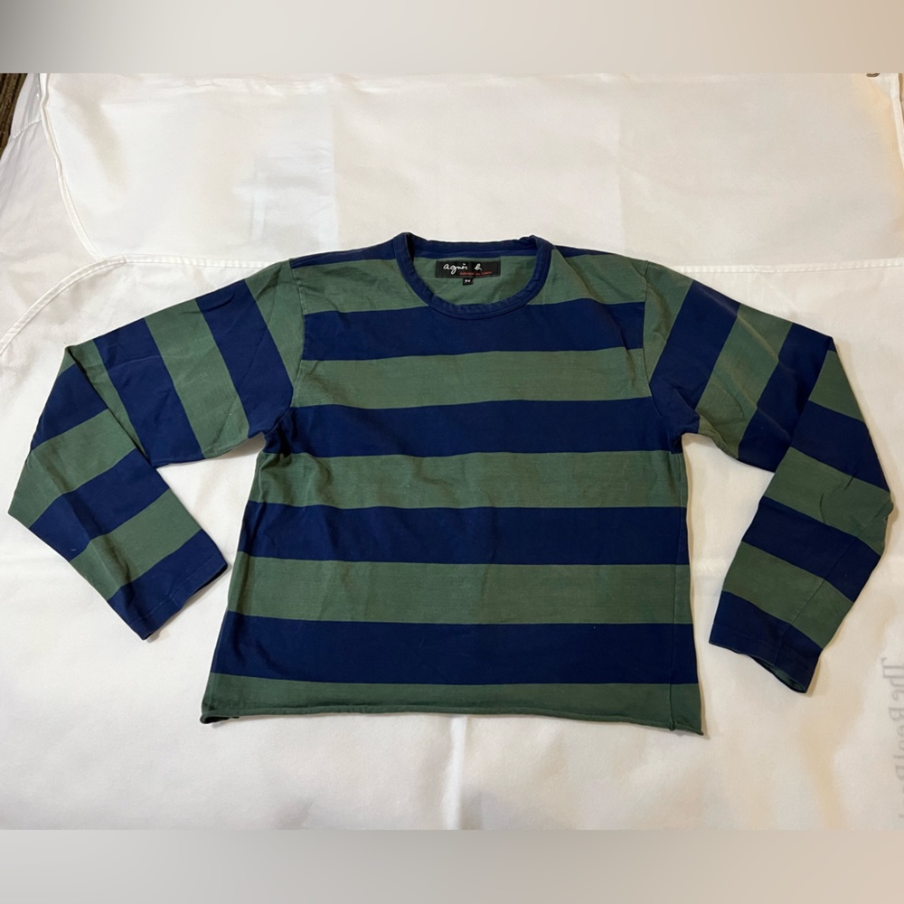 Long sleeve Mariniere sweatshirt green and blue striped French small - Picture 8 of 10